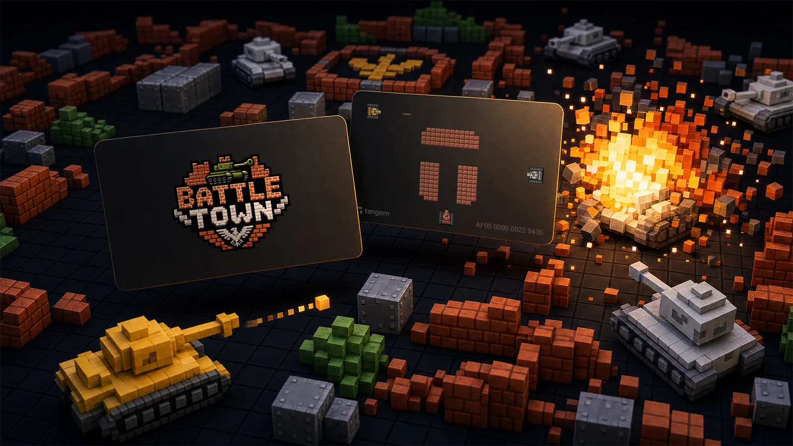 Battle Town branded Tangem wallet cards in a tank battlefield